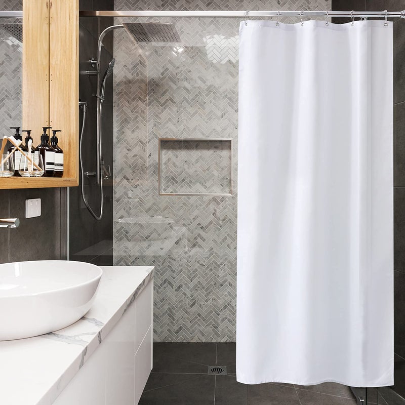 Amazer Small Stall Shower Curtain Liner Washable, 36 x 72 Inches, Fabric Shower Liner with 2 Bottom Stones, Narrow Waterproof RV Shower Curtain Liner, 6 Grommet Holes, Hotel Quality, White - Image 1